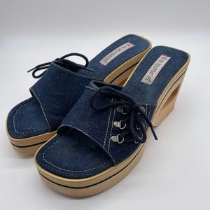 Vintage Platform Tan and Jean Slide Sandals